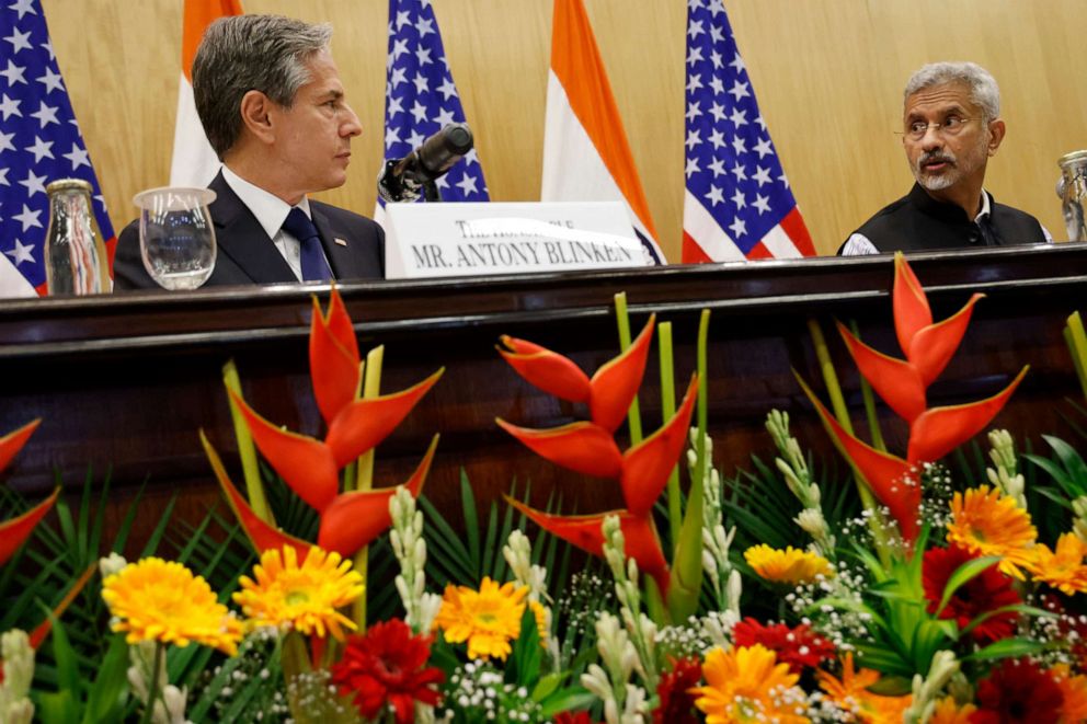 U.S. Secretary of State Antony Blinken, left, and Indian Foreign Minister Subrahmanyam Jaishankar look at each other during a joint news conference at Jawaharlal Nehru Bhawan in New Delhi, India, on July 28, 2021. 
