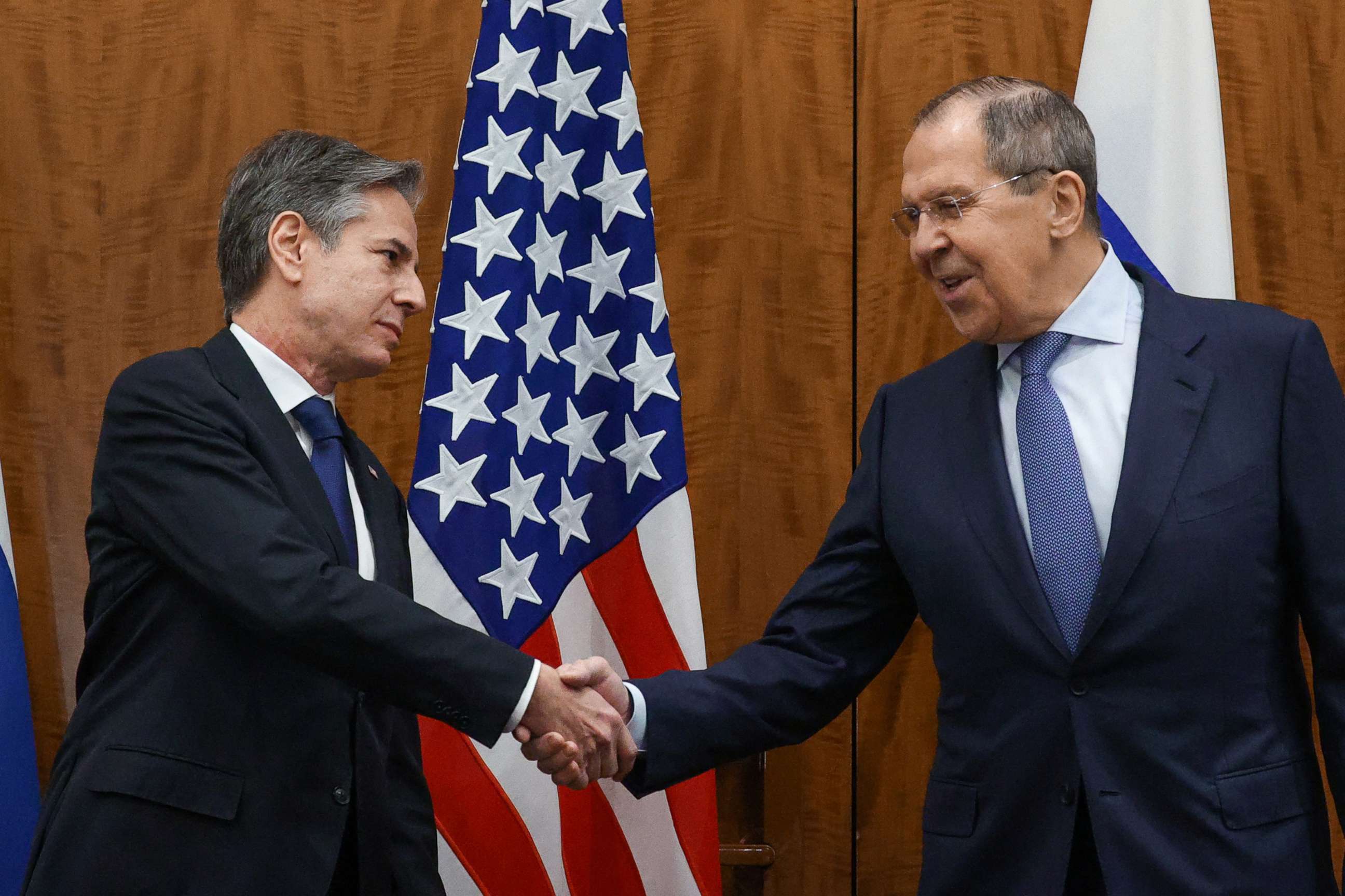 PHOTO: U.S. Secretary of State Antony Blinken greets Russian Foreign Minister Sergei Lavrov before their meeting, in Geneva, Jan. 1, 2022.