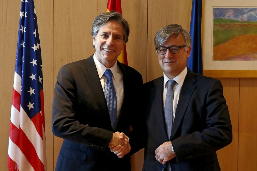 PHOTO: In this July 27, 2015, file photo, US Deputy Secretary of State, Antony Blinken shakes hands with Spanish Secretary of State for Foreign Affairs, Ignacio Ybanez, during their meeting in Madrid.