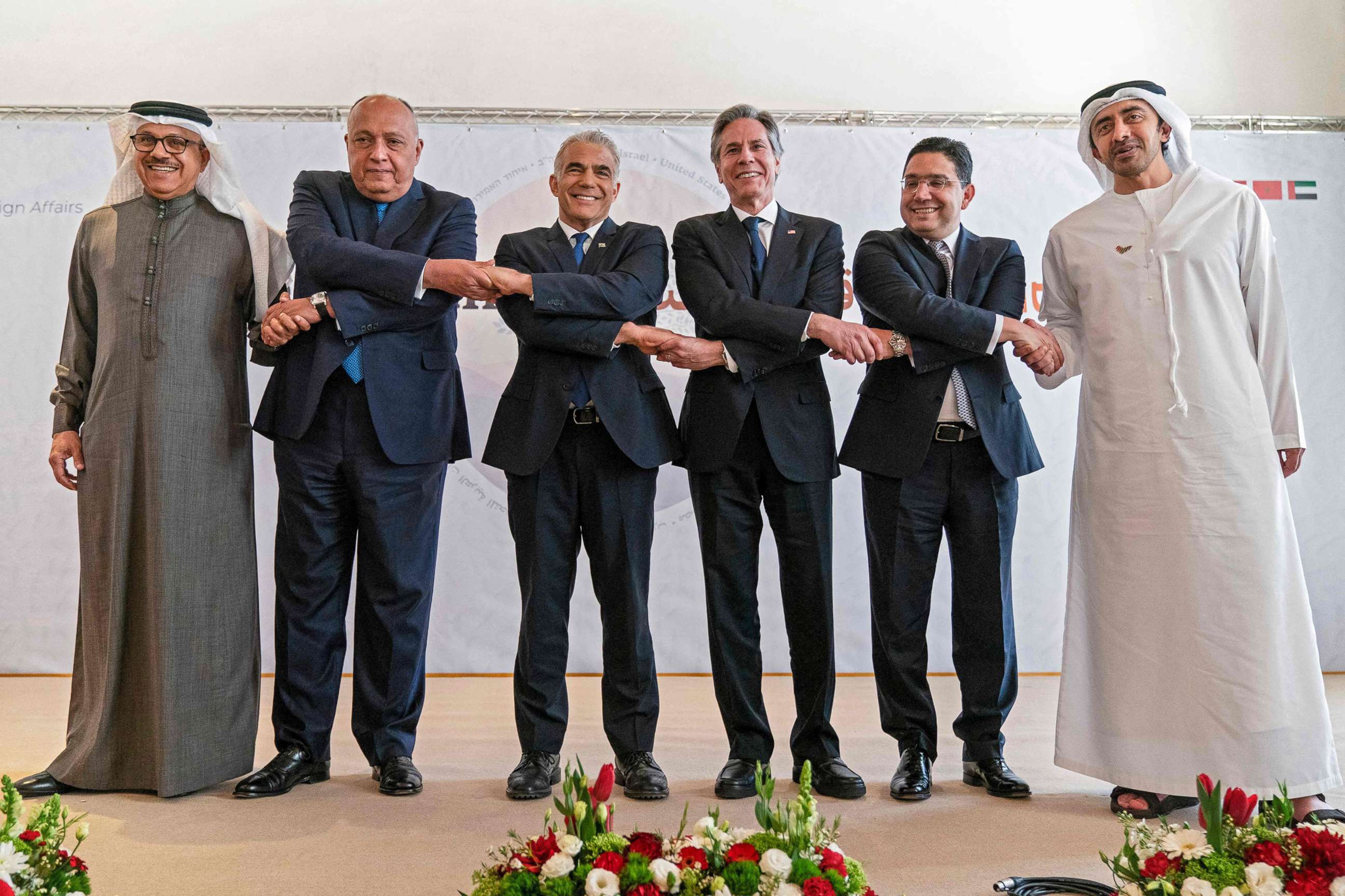 PHOTO: Secretary of State Antony Blinken, center right, poses with other foreign ministers following their Negev meeting in the Israeli kibbutz of Sde Boker, March 28, 2022.