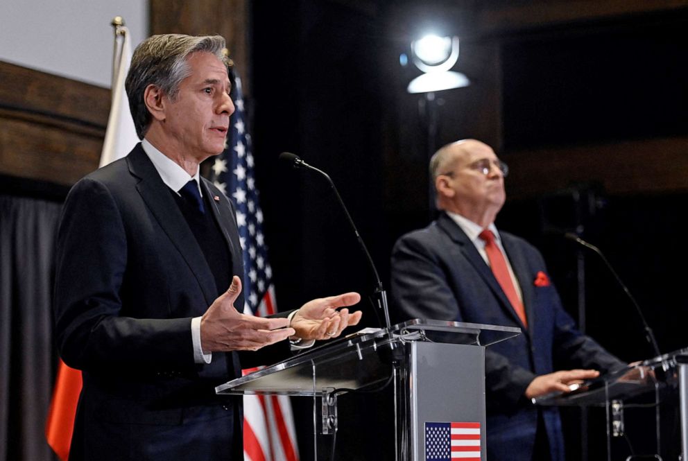 PHOTO: U.S. Secretary of State Antony Blinken speaks during a news conference with Polish Foreign Minister Zbigniew Rau, following Russia's invasion of Ukraine, in Rzeszow, Poland, March 5, 2022.