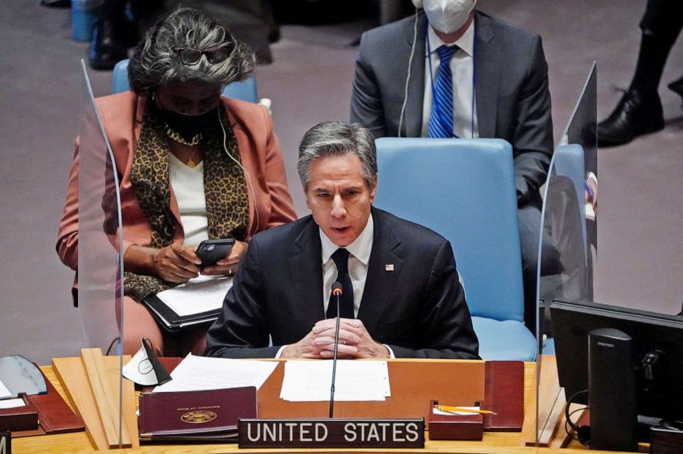 PHOTO: U.S. Secretary of State Antony Blinken speaks during a meeting of the U.N. Security Council on the situation between Russia and Ukraine, at the United Nations Headquarters in New York City, Feb. 17, 2022. 