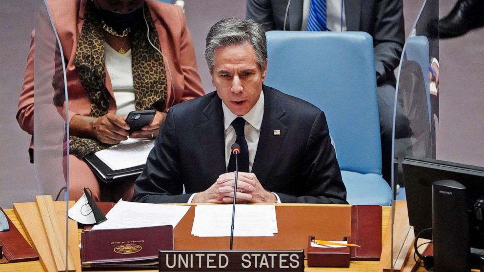 PHOTO: U.S. Secretary of State Antony Blinken speaks during a meeting of the U.N. Security Council on the situation between Russia and Ukraine, at the United Nations Headquarters in New York City, Feb. 17, 2022.