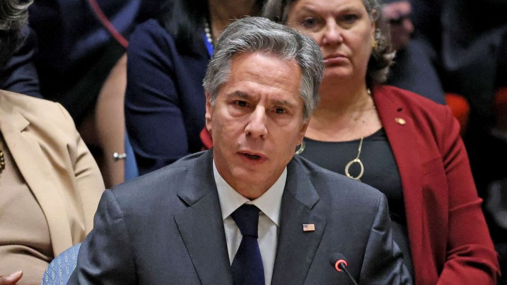 PHOTO: Secretary of State Anthony Blinken speaks at a UN Security Council high-level meeting on the situation with Russia's invasion of Ukraine at the 77th session of the UN General Assembly in New York, September 22, 2022. 