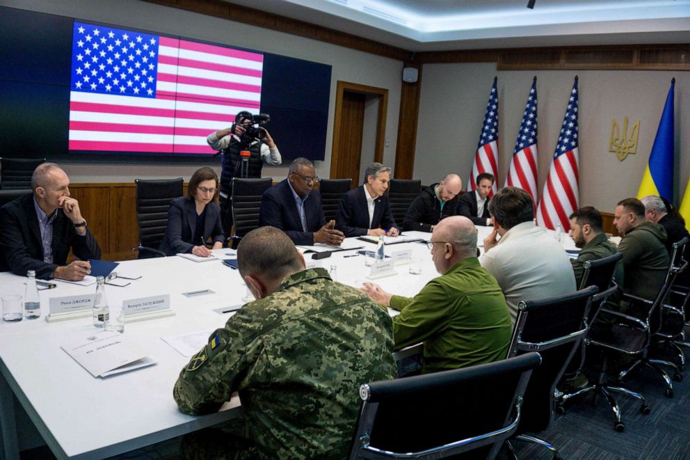 PHOTO: Secretary of Defense Lloyd Austin and Secretary of State Antony Blinken meet with Ukrainian Foreign Minister Dmytro Kuleba and Ukrainian President Volodymyr Zelensky, April 24, 2022 in Kyiv, Ukraine.