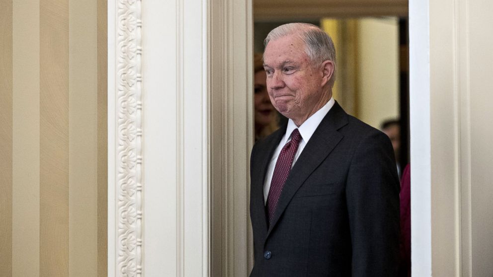 Jeff Sessions, arrives for his swearing in ceremony to be U.S. attorney general, in the Oval Office of the White House, Feb. 9, 2017.