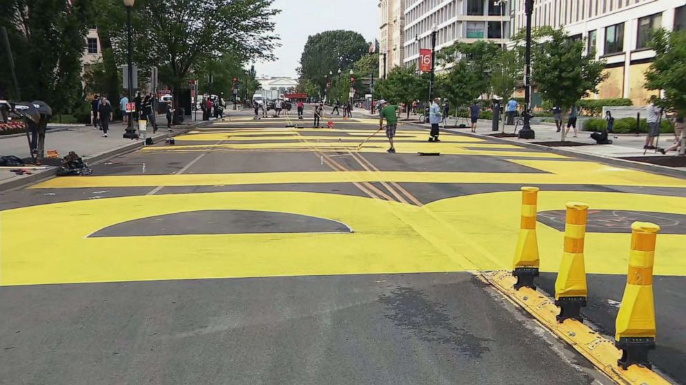 PHOTO: Large yellow letters in support of the Black Live Matter movement are painted on 16th street, just blocks from the White House, June 5, 2020, in Washington, D.C.