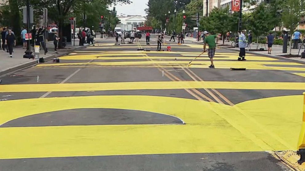 PHOTO: Large yellow letters in support of the Black Live Matter movement are painted on 16th street, just blocks from the White House, June 5, 2020, in Washington, D.C.