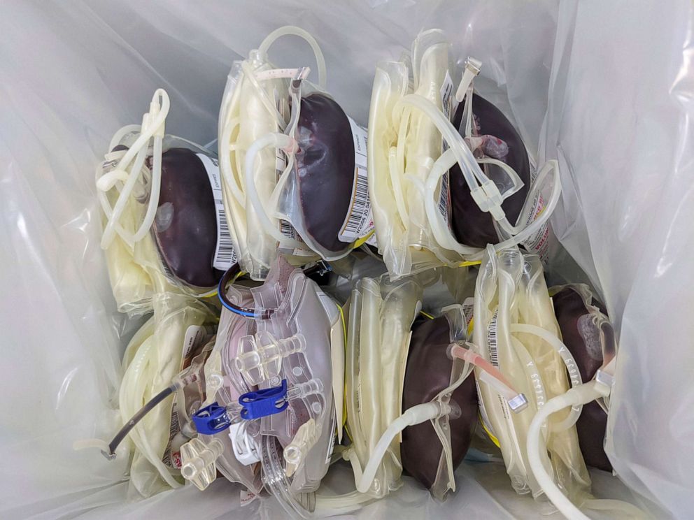 PHOTO: Bags containing donated blood are stored in an icebox at the American Red Cross office in Santa Monica, Calif., March 26, 2020. 