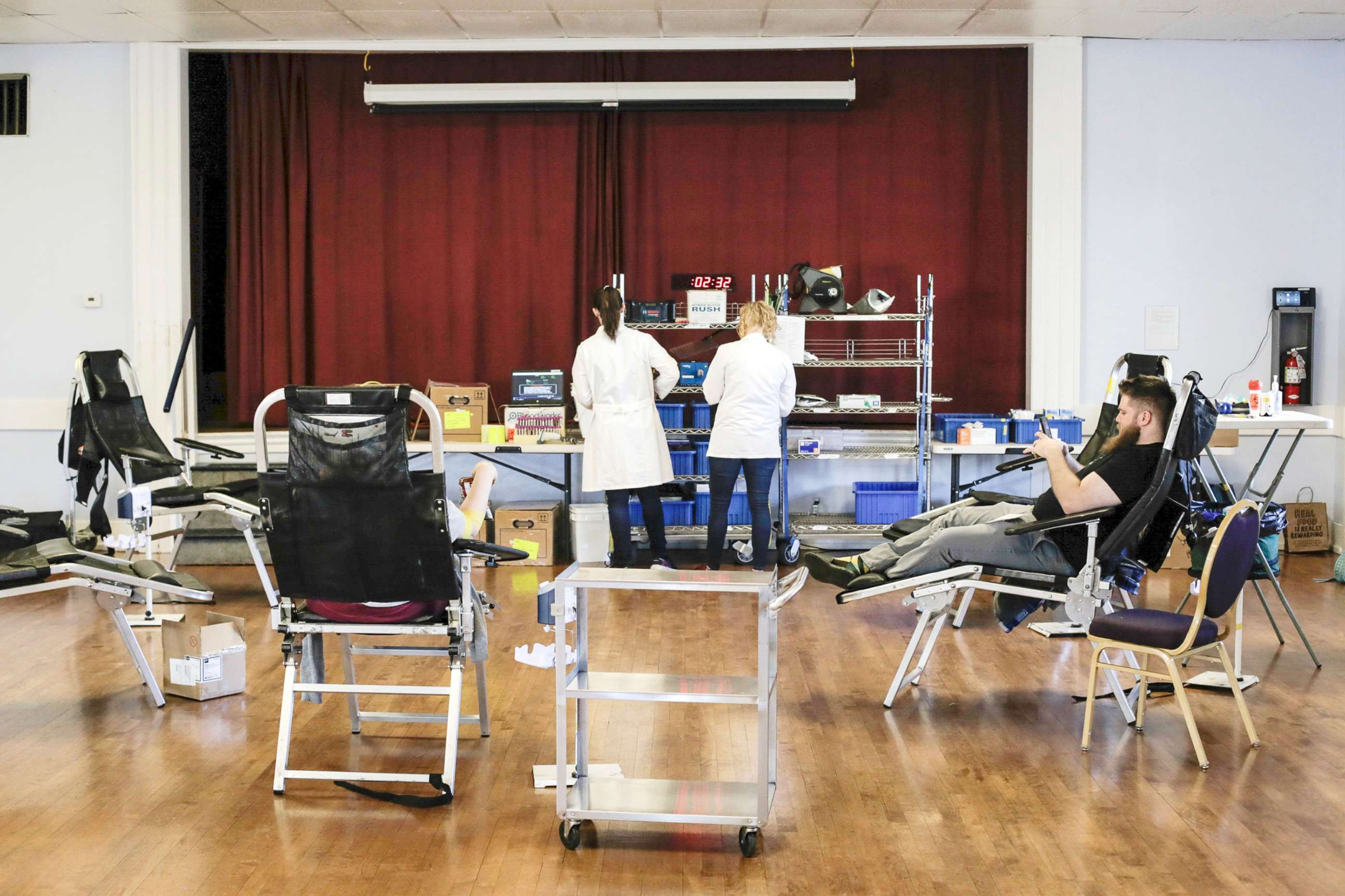 PHOTO: Donors rest as phlebotomists work during a blood drive at the Shoreline Masonic Lodge in Shoreline, Wash., March 15, 2020.