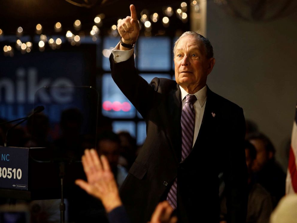 PHOTO: Democratic presidential candidate Michael Bloomberg reacts to a supporter after speaking at a campaign event in Winston-Salem, N.C., Feb. 13, 2020.