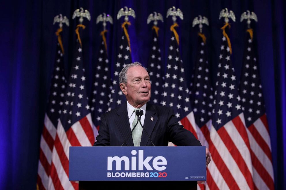 PHOTO: Newly announced Democratic presidential candidate, former New York Mayor Michael Bloomberg speaks at a press conference to discuss his presidential run on November 25, 2019 in Norfolk, Virginia.