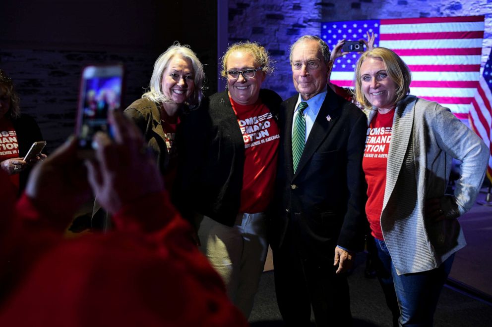 PHOTO: Democratic presidential candidate, Michael Bloomberg takes a photo with members of Moms Demand Action for Gun Sense in America after an event where he introduced his gun safety policy agenda, Dec. 5, 2019, in Aurora, Co.