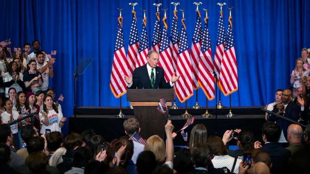 PHOTO: Former Democratic presidential candidate Mike Bloomberg speaks to supporters as he announces the suspension of his campaign and his endorsement of former Vice President Joe Biden for president in New York, March 4, 2020.
