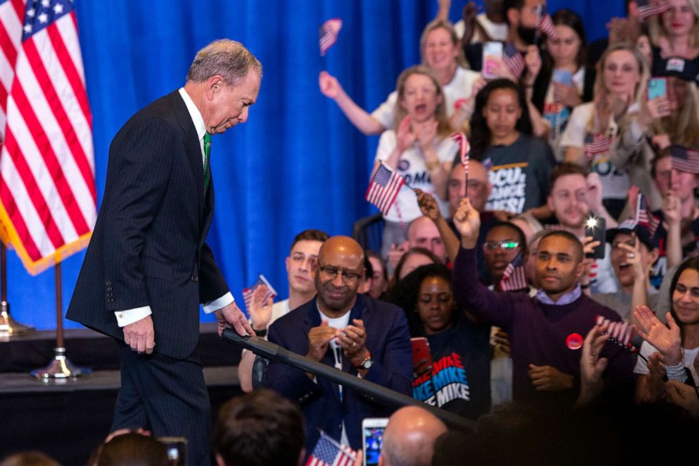 PHOTO: Former Democratic presidential candidate Mike Bloomberg leaves after speaking to supporters as he announces the suspension of his campaign and his endorsement of former Vice President Joe Biden for president in New York, March 4, 2020.