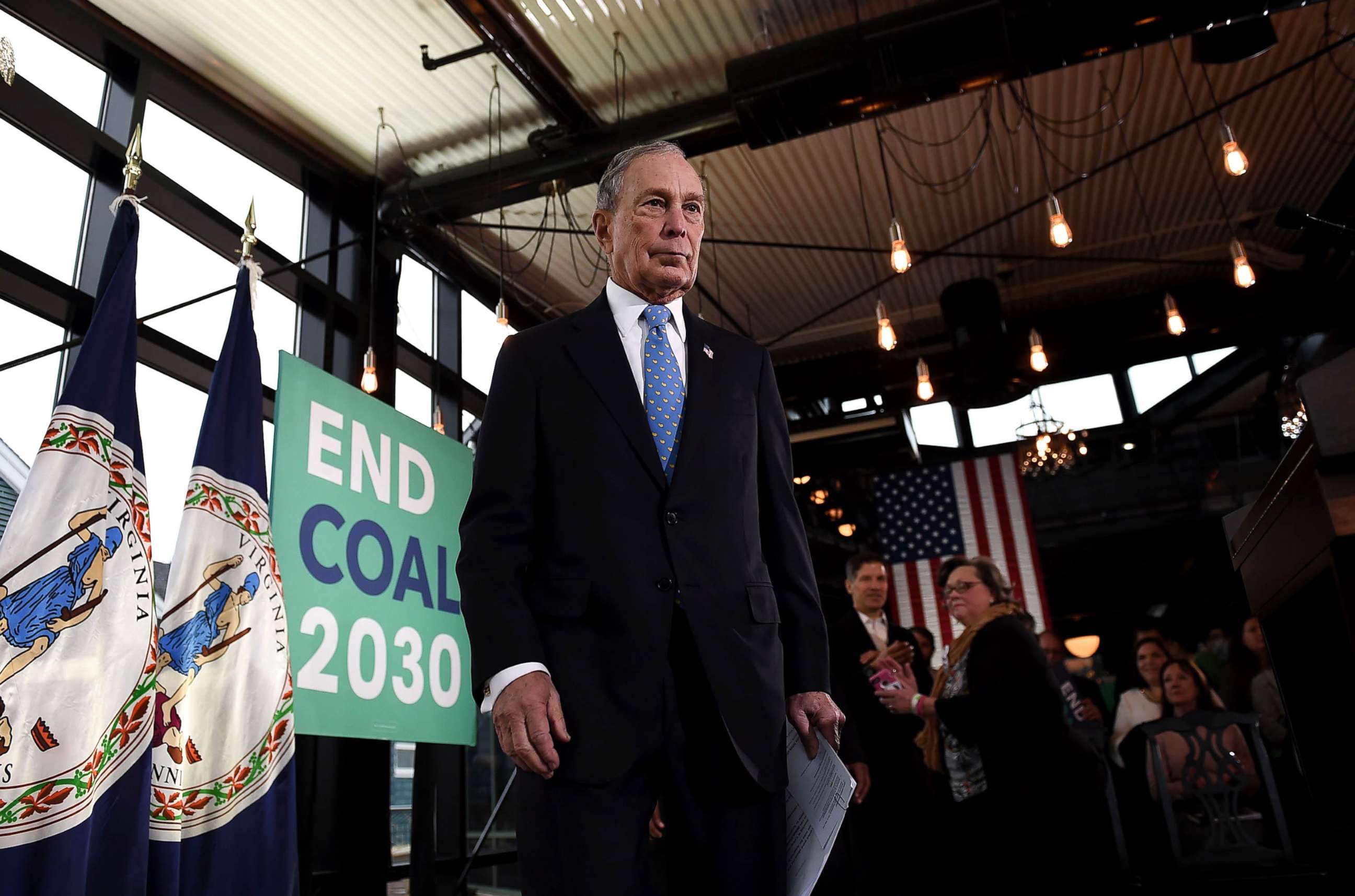 PHOTO: Former New York Mayor and Democratic presidential candidate Michael Bloomberg arrives to speak about his plan for clean energy during a campaign event at the Blackwall Hitch restaurant in Alexandria, Va., Dec. 13, 2019.