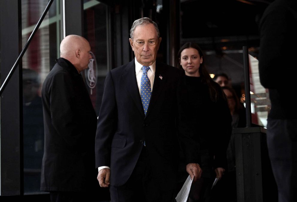 PHOTO: Former New York Mayor and Democratic presidential candidate Michael Bloomberg arrives to speak about his plan for clean energy during a campaign event at the Blackwall Hitch restaurant in Alexandria, Va., Dec. 13, 2019. 