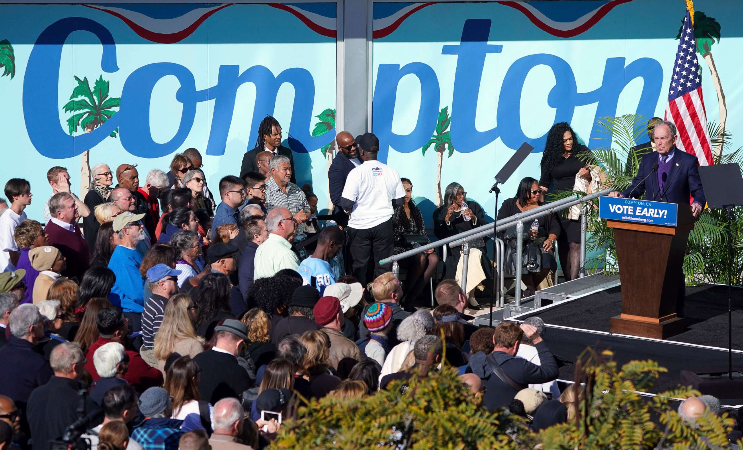 PHOTO: Presidential candidate Michael Bloomberg, right, speaks at a campaign event at the Dollarhide Community Center in Compton, Calif., Feb. 3, 2020.