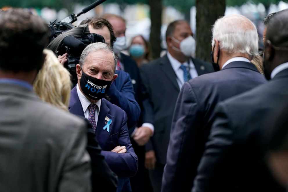 PHOTO: Former New York Mayor Michael Bloomberg, left, visits with Democratic presidential candidate and former Vice President Joe Biden at the National September 11 Memorial in New York, Friday, Sept. 11, 2020.