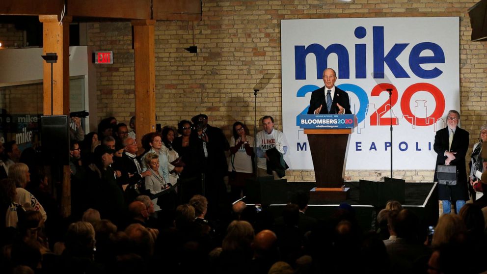 PHOTO: Democratic presidential candidate Michael Bloomberg speaks to supporters in Minneapolis, Jan. 23, 2020, as he opens the first field office in Minnesota and meets with local community leaders and voters to share his vision for the country.