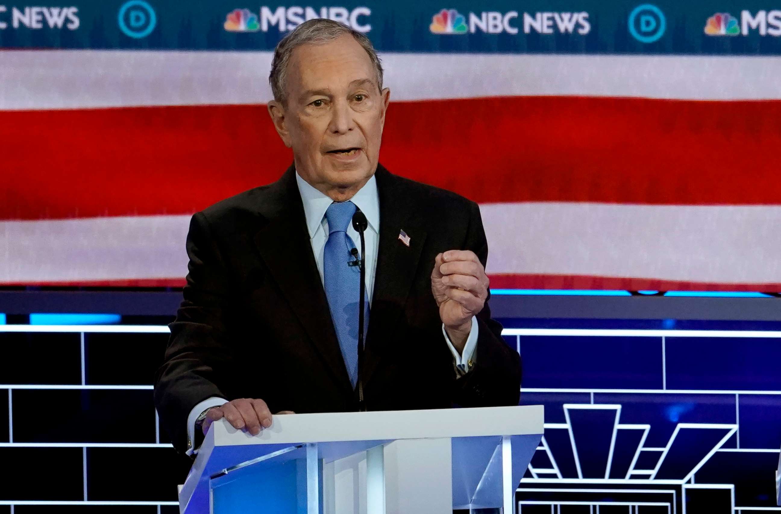 PHOTO: Former New York City Mayor Mike Bloomberg speaks at the ninth Democratic 2020 Presidential candidates debate at the Paris Theater in Las Vegas, Nevada, Feb. 19, 2020.