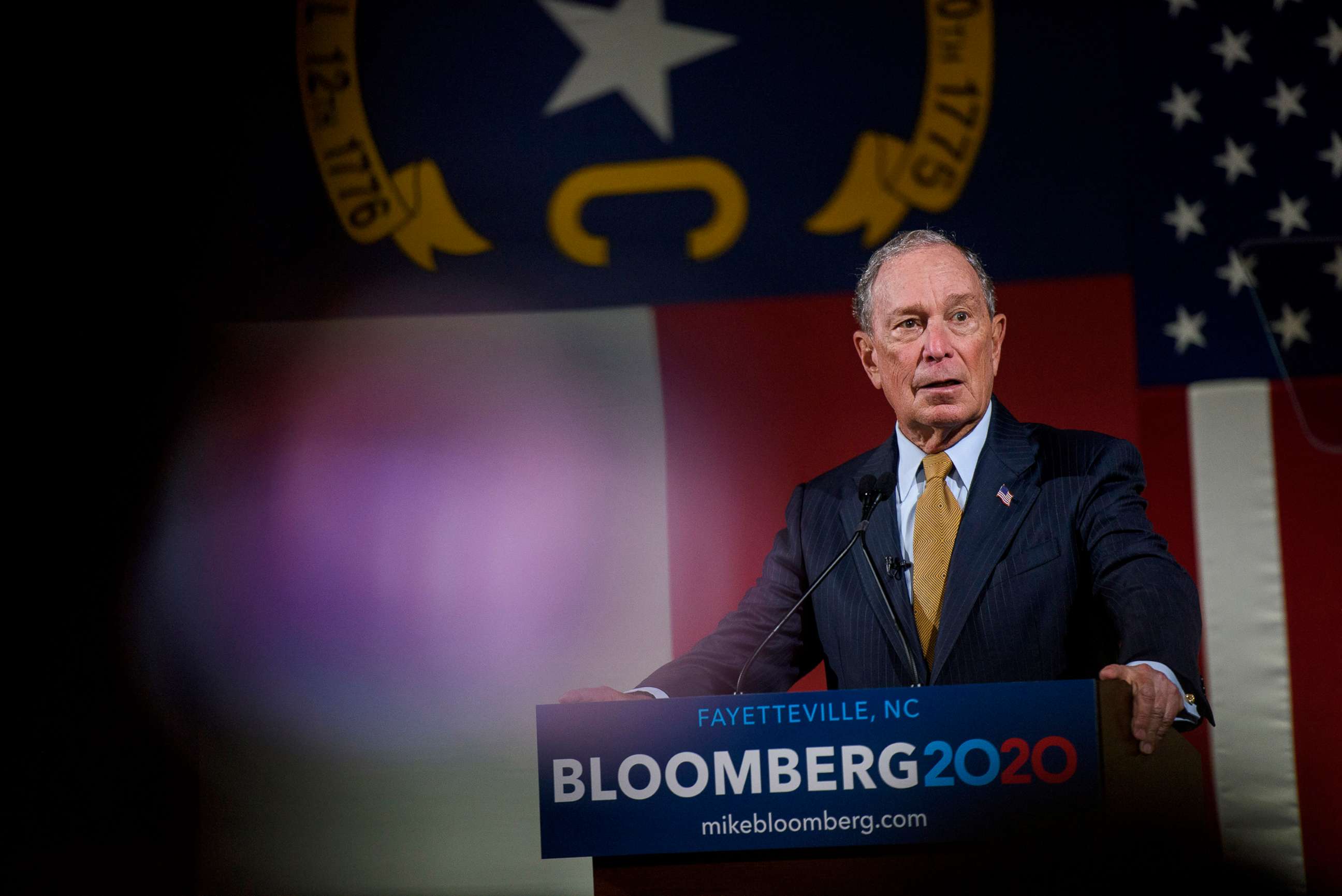 PHOTO: Democratic presidential candidate Michael Bloomberg  addresses a crowd, Jan. 3, 2020, in Fayetteville, N.C.