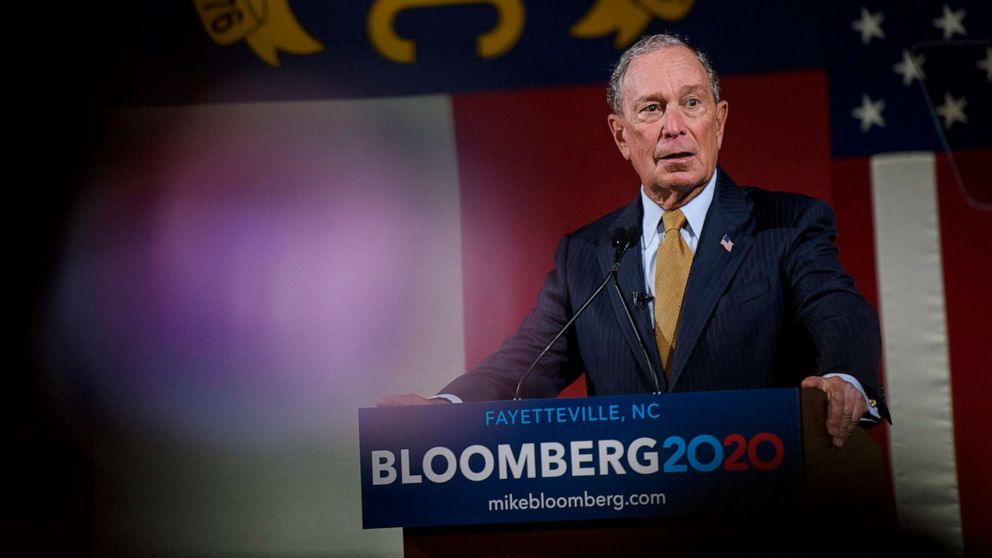 PHOTO: Democratic presidential candidate Michael Bloomberg  addresses a crowd, Jan. 3, 2020, in Fayetteville, N.C.