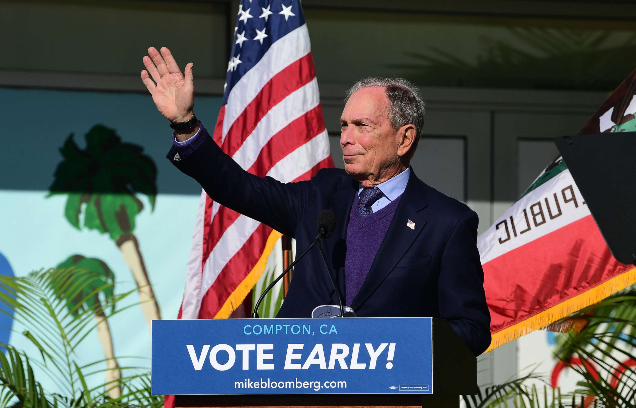PHOTO: Democratic presidential candidate Mike Bloomberg gestures while speaking during the kickoff of his "Get It Done Express" bus tour at the Dollarhide Community Center in Compton, Calif., Feb. 3, 2020.