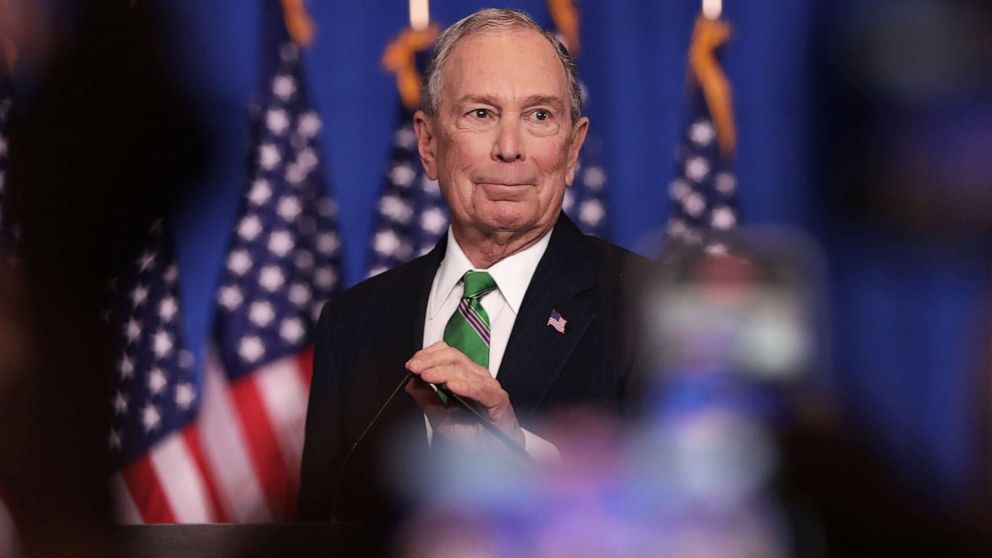 PHOTO: Former Democratic presidential candidate Mike Bloomberg addresses his staff and the media after announcing that he will be ending his campaign, March 4, 2020, in New York City.