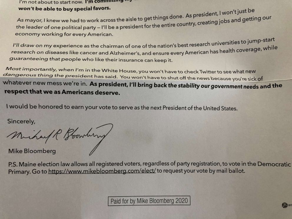PHOTO: The Bloomberg campaign sent a mailer to some voters in Maine that inaccurately stated the Maine Democratic primary was open to all registered voters.