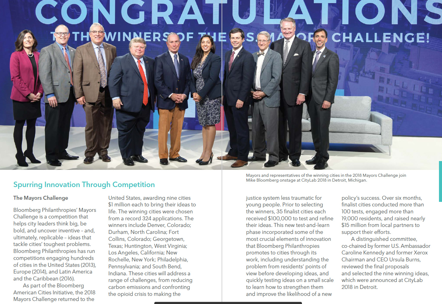 PHOTO: Michael Bloomberg appears in a photo with then-Mayor Pete Buttigieg and other mayors and city representatives in a photo from the Bloomberg Philanthropies 2019 Annual Report.