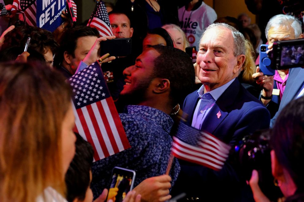 PHOTO: Democratic presidential candidate Michael Bloomberg greets supporters during his Super Tuesday night rally in West Palm Beach, Fla., March 3, 2020.