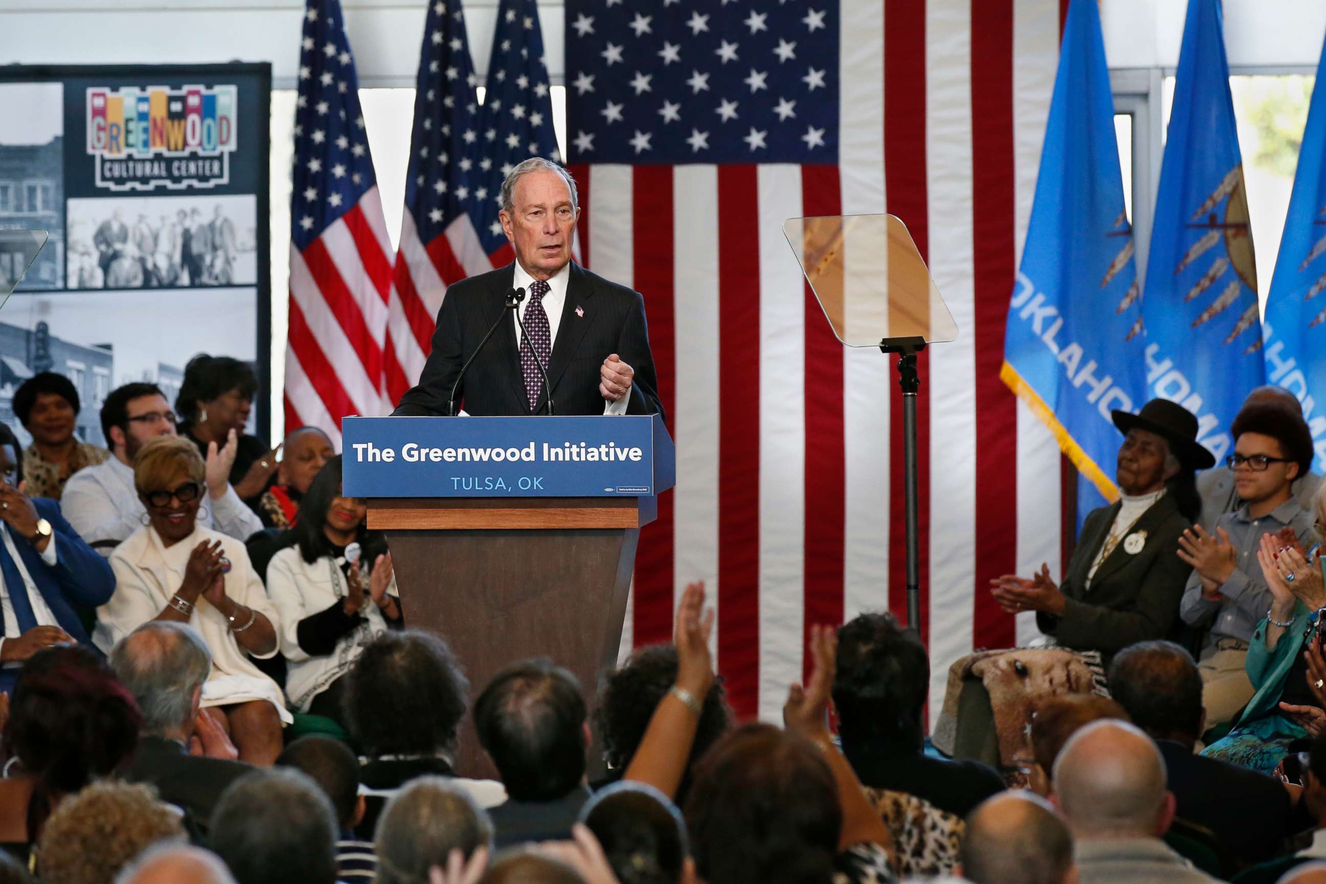 PHOTO: Democratic presidential candidate Michael Bloomberg is applauded as he speaks at the Greenwood Cultural Center in Tulsa, Okla., Sunday, Jan. 19, 2020.