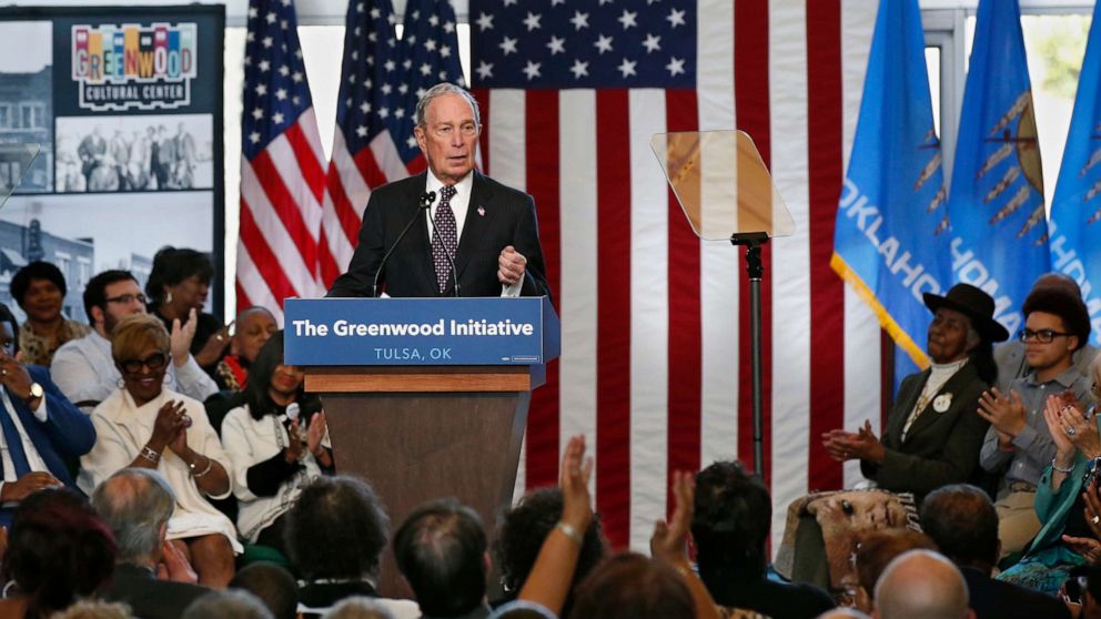 PHOTO: Democratic presidential candidate Michael Bloomberg is applauded as he speaks at the Greenwood Cultural Center in Tulsa, Okla., Sunday, Jan. 19, 2020.