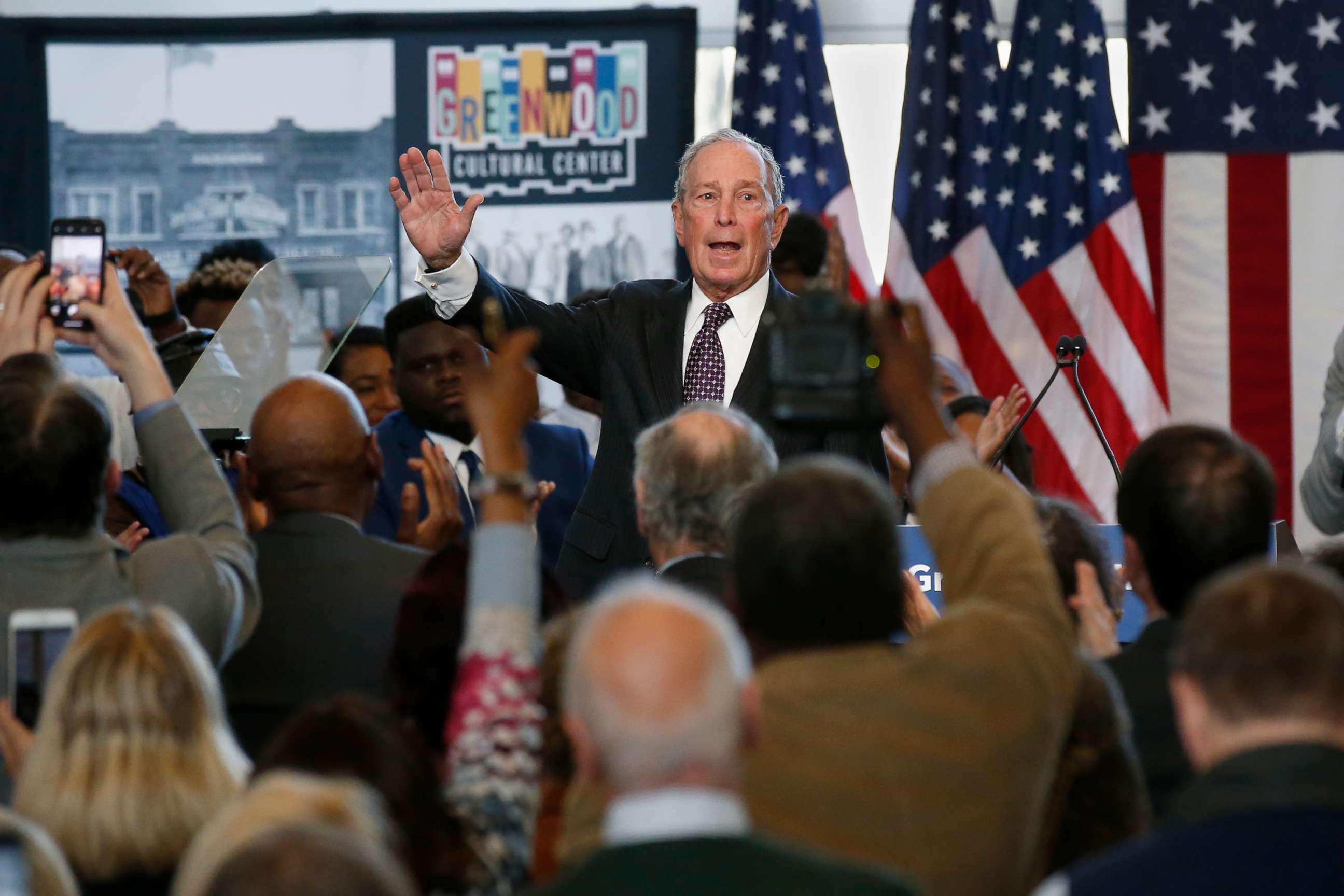PHOTO: Democratic presidential candidate Michael Bloomberg waves to the crowd at the conclusion of his speech at the Greenwood Cultural Center in Tulsa, Okla., Sunday, Jan. 19, 2020.