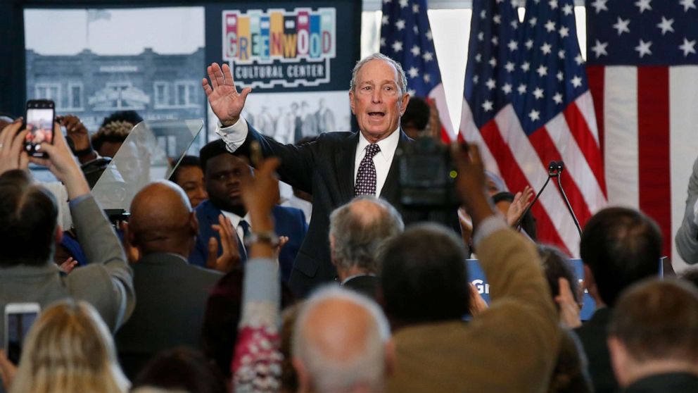 PHOTO: Democratic presidential candidate Michael Bloomberg waves to the crowd at the conclusion of his speech at the Greenwood Cultural Center in Tulsa, Okla., Sunday, Jan. 19, 2020.