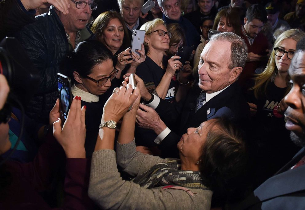 PHOTO: Democratic presidential candidate Mike Bloomberg arrives for a "Women for Mike 2020" rally at the Hilton hotel on Feb. 29, 2020, in Tysons Corner, Va.