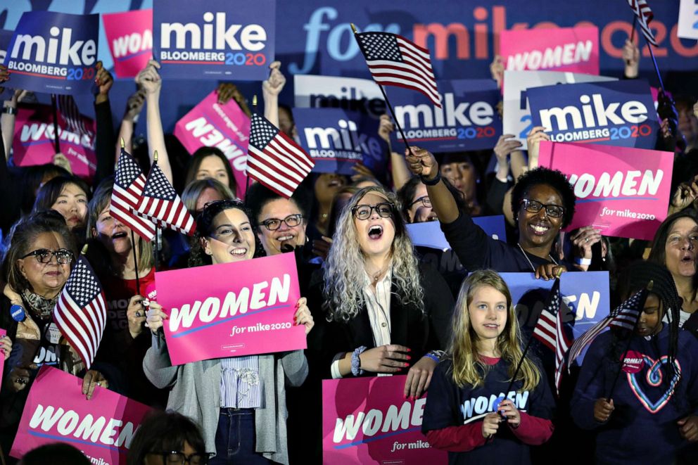PHOTO:Women listen as Democratic presidential candidate, former New York City Mayor Mike Bloomberg speaks during a "Women for Mike 2020" rally at the Hilton McLean Tysons Corner on Feb. 29, 2020, in McLean, Va.