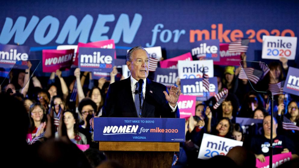 PHOTO: Mike Bloomberg, Democratic presidential candidate and former Mayor of New York City, participates in a "Women for Mike 2020" campaign rally, in McLean, Va., Feb. 2020.