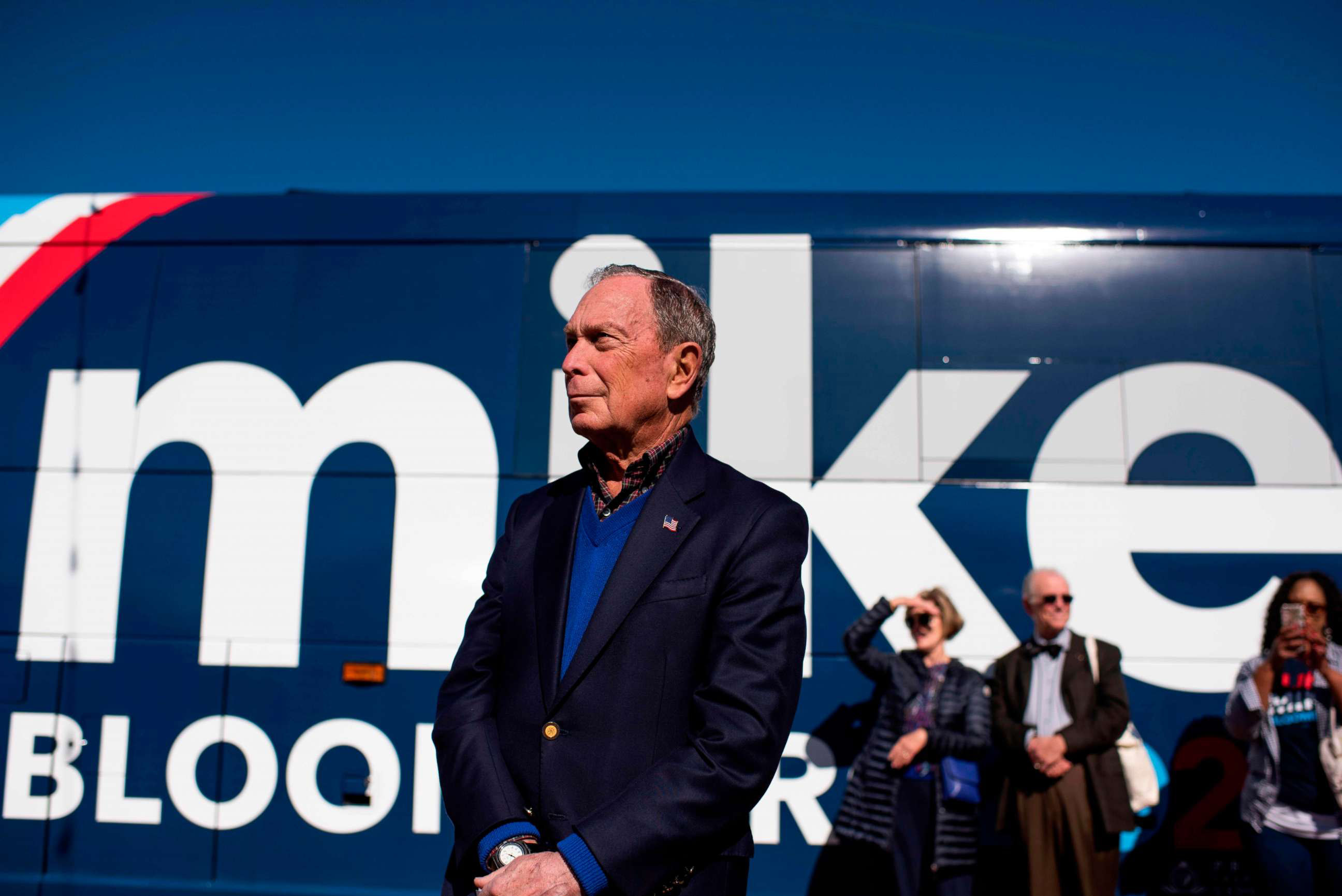 PHOTO: Democratic presidential candidate Mike Bloomberg waits by his tour bus ahead of addressing his supporters at Central Machine Works in Austin, Texas on Jan. 11, 2020.