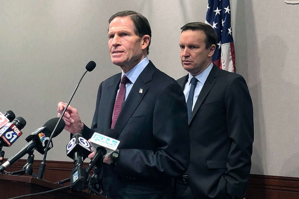 PHOTO: Sens. Richard Blumenthal, left, and Chris Murphy, speak during a press conference, Jan. 3, 2020, in Hartford, Conn., following the U.S. airstrike that killed Iran's top military commander, Gen. Qassem Soleimani, near near Baghdad's airport in Iraq.