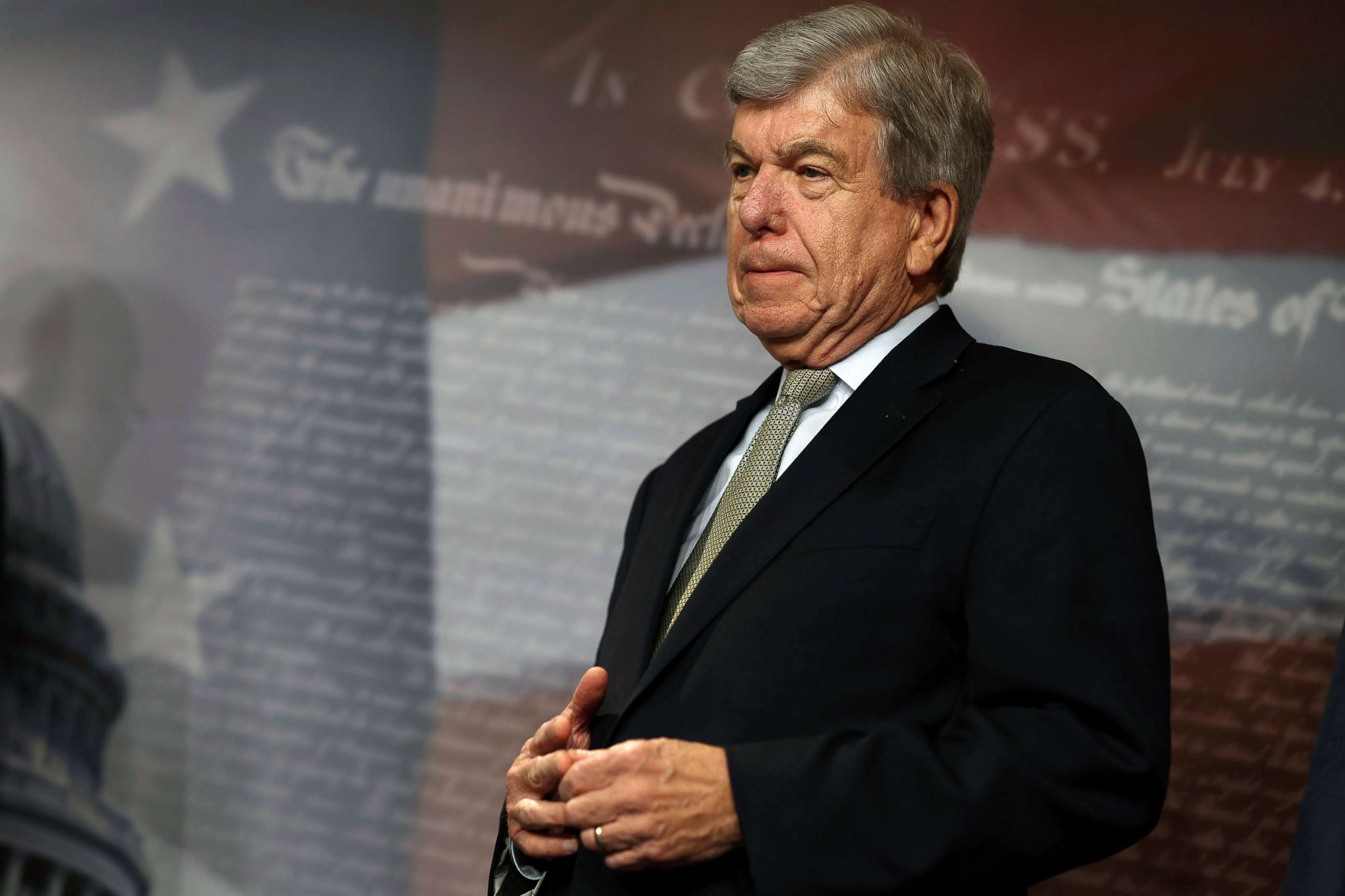 PHOTO: Sen. Roy Blunt listens during a news conference on Aug.2, 2022 in Washington, D.C. 