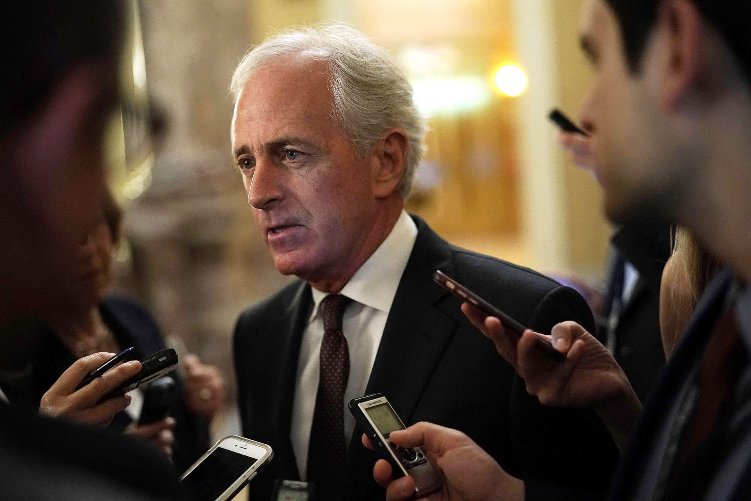 PHOTO: Sen. Bob Corker speaks to members of the media after a weekly Senate Republican Policy Luncheon at the Capitol May 8, 2018 in Washington.