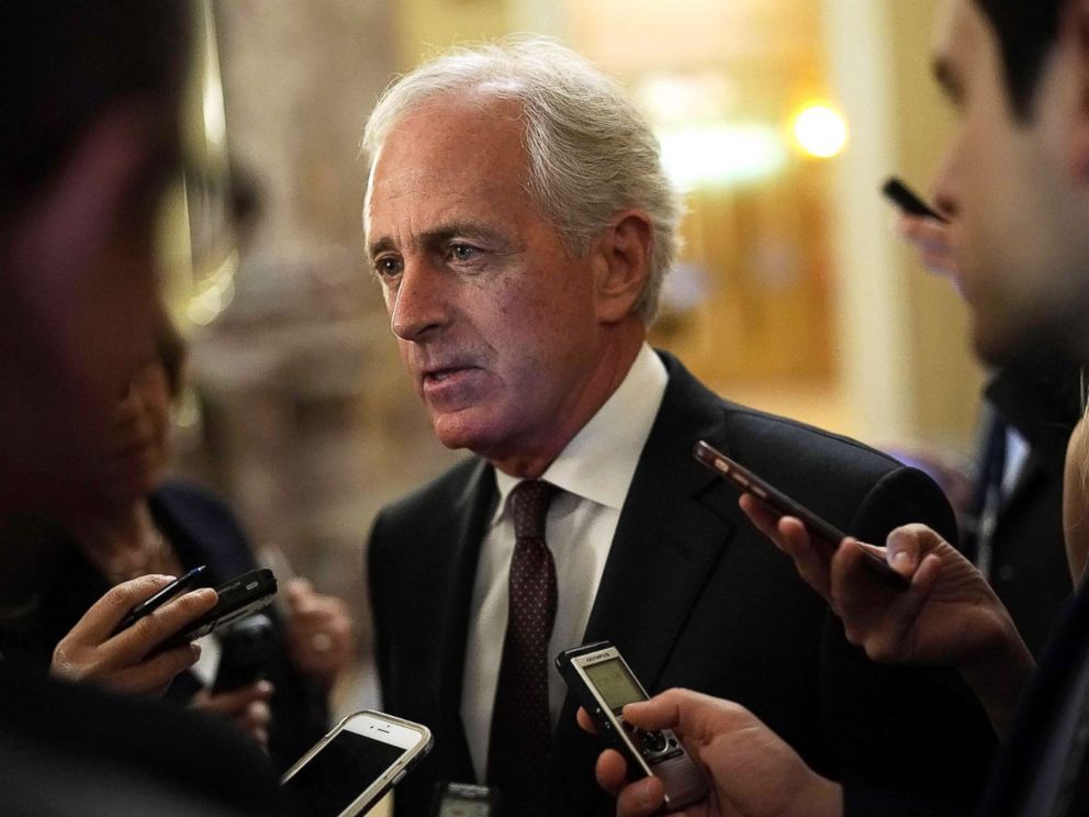 PHOTO: Sen. Bob Corker speaks to members of the media after a weekly Senate Republican Policy Luncheon at the Capitol May 8, 2018 in Washington.