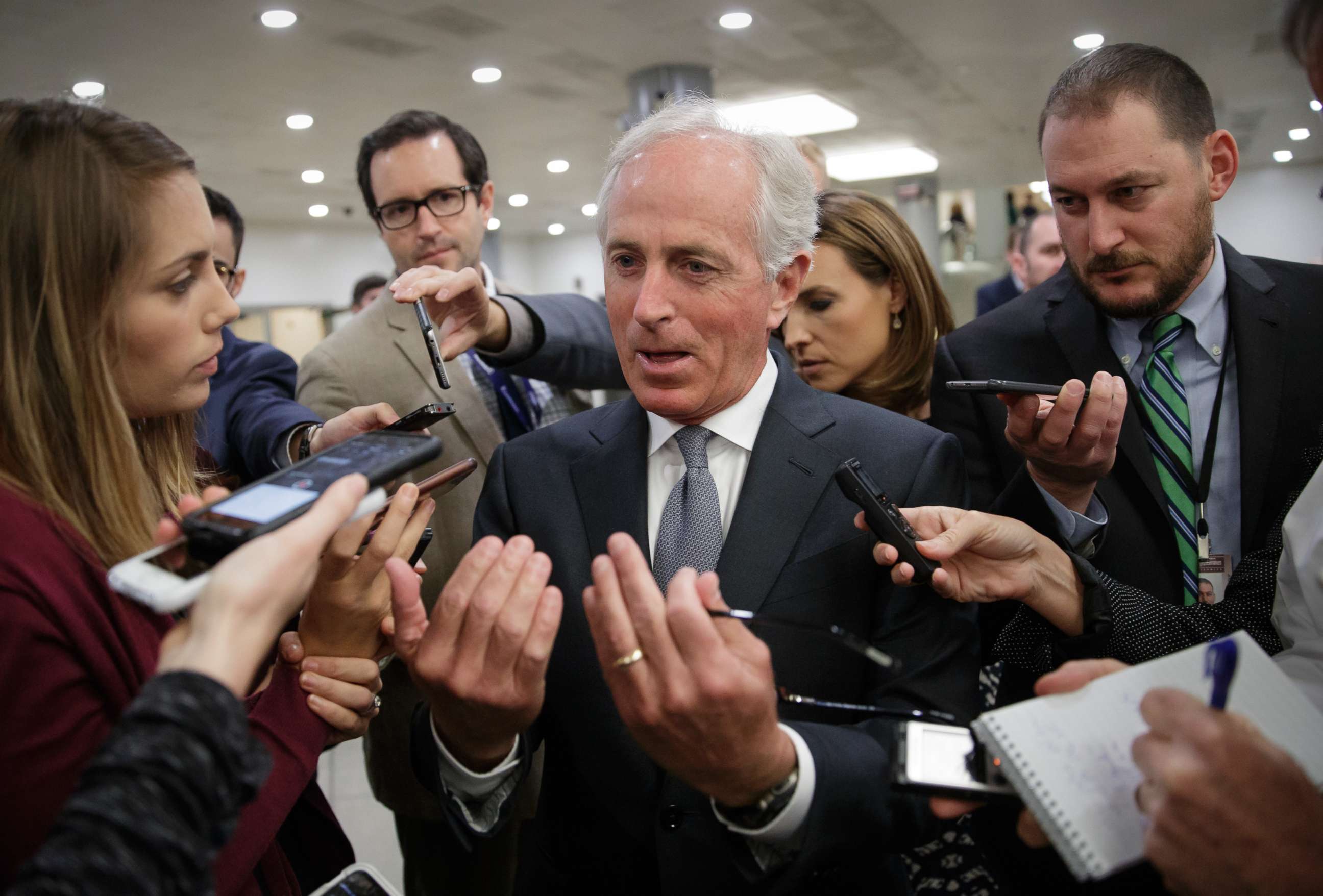 PHOTO: Senate Foreign Relations Committee Chairman Bob Corker talks to reporters as he returns to his office from a vote, on Capitol Hill in Washington, Oct. 25, 2017.