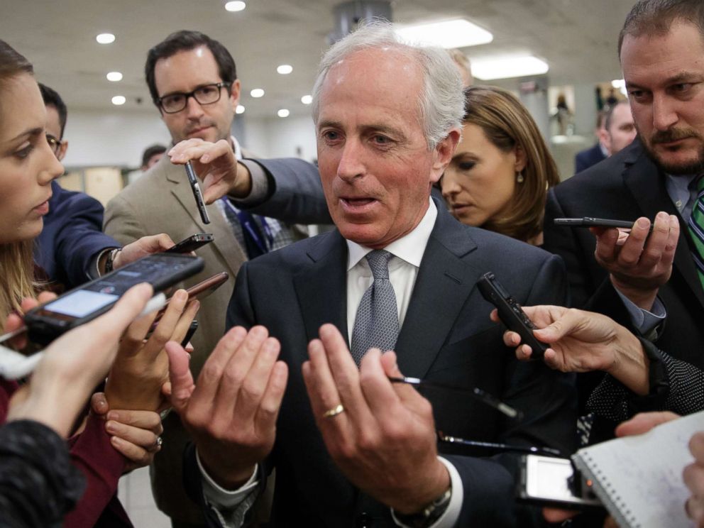 PHOTO: Senate Foreign Relations Committee Chairman Bob Corker talks to reporters as he returns to his office from a vote, on Capitol Hill in Washington, Oct. 25, 2017.