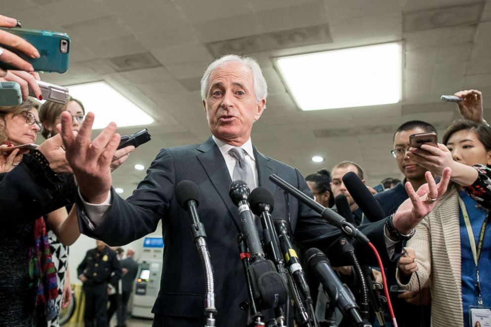 PHOTO: Senator Bob Corker speaks to members of the media following a closed briefing for US senators on Saudi Arabia in Washington, DC, Nov. 28, 2018.