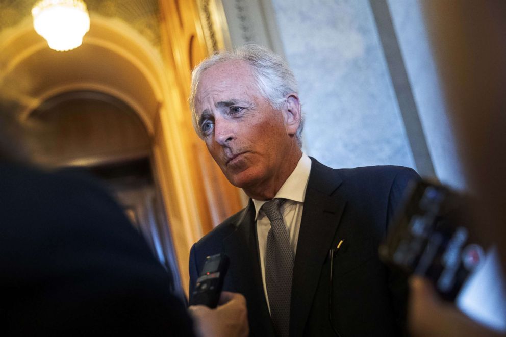 PHOTO: Sen. Bob Corker speaks to reporters at the U.S. Capitol, Oct. 3, 2018, in Washington, DC.