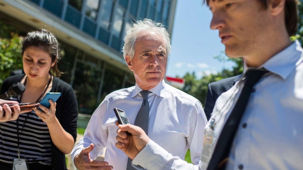 PHOTO: Sen. Bob Corker talks with reporters before the Republican Senate Policy luncheon at the National Republican Senatorial Committee, June 12, 2018.