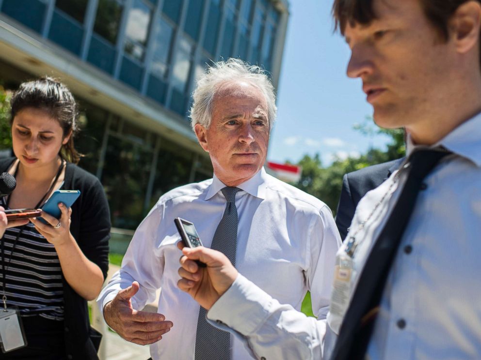 PHOTO: Sen. Bob Corker talks with reporters before the Republican Senate Policy luncheon at the National Republican Senatorial Committee, June 12, 2018.